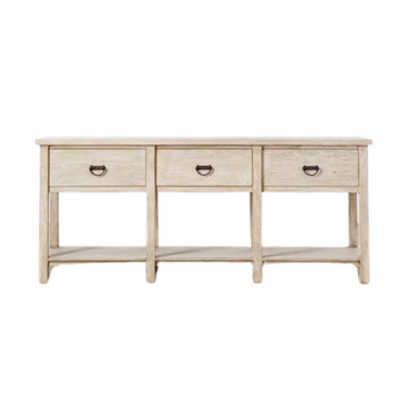 A beige sideboard made from reclaimed wood with black metal handles, featuring a classic design with deep drawers.